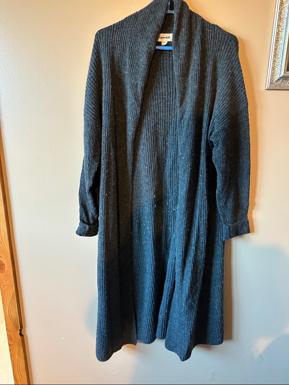 Open Edit Long Ribbed Women's Cardigan Sweater - Black